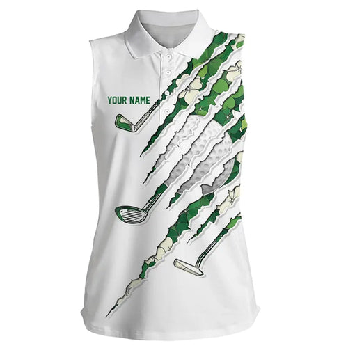 Green shamrock pattern White Women sleeveless polo Custom golf clubs St Patrick day ladies golf attire NQS9476