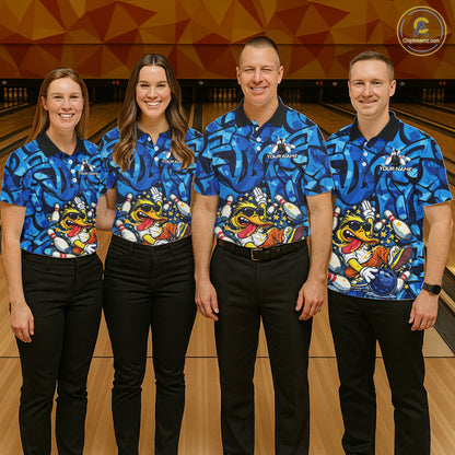 Funny Duck Bowling Polo, 1/4 Zip Shirts for Women Custom Blue graffiti pattern Team Bowling Jerseys NQS11603