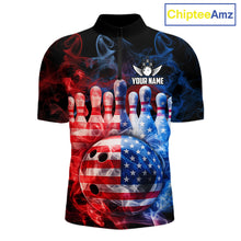 Load image into Gallery viewer, Smoke American Flag Bowling ball and pins Bowling Shirts for Men Custom patriotic Team Bowling Jersey NQS11606