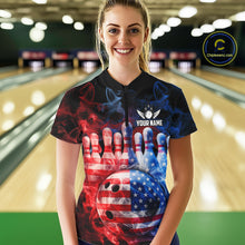 Load image into Gallery viewer, Smoke American Flag Bowling ball &amp; pins Bowling Shirts for Women Custom patriotic Team Bowling Jersey NQS11606