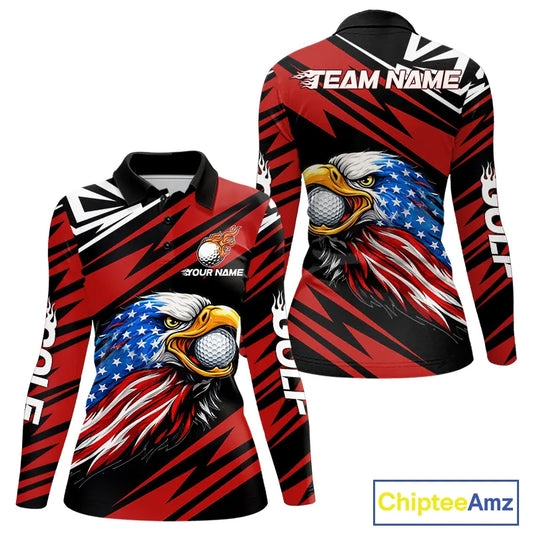 Custom Black and Red Camo American Flag Eagle Women Golf Polo shirts, patriotic team ladies golf tops NQS11608