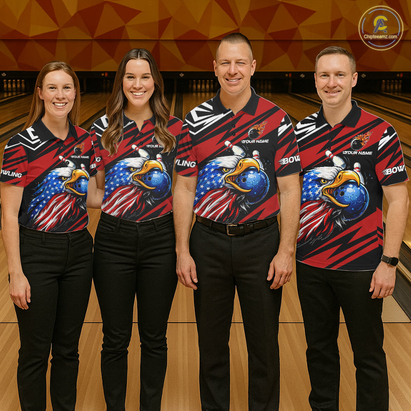 Custom Black and Red Camo American Flag Eagle Bowling shirts for Women, patriotic bowling team shirts NQS11609