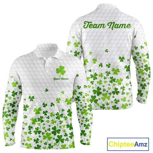 Custom Green shamrock pattern White Golf Polo shirts for men, St Patrick's day team mens golf wears NQS11610