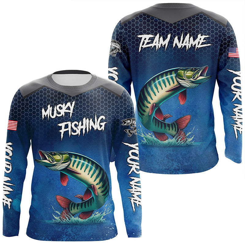 Blue camo Musky fishing Custom performance long sleeve team Muskellunge fishing tournament shirts NQS7771