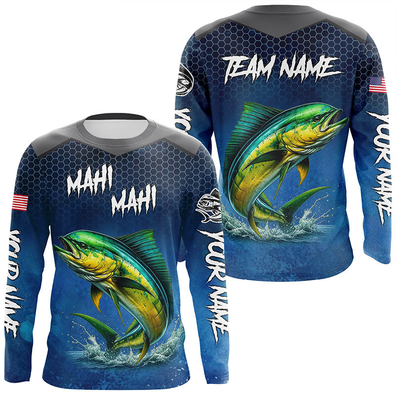 Blue camo Mahi mahi fishing Custom performance long sleeve team Dorado fishing tournament shirts NQS7774