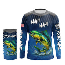 Load image into Gallery viewer, Blue camo Mahi mahi fishing Custom performance long sleeve team Dorado fishing tournament shirts NQS7774