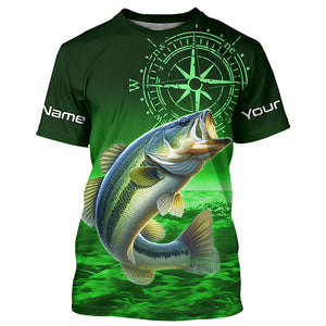 Personalized Bass Green Long Sleeve Performance Fishing Shirts, Bass compass tournament Shirts NQS5881