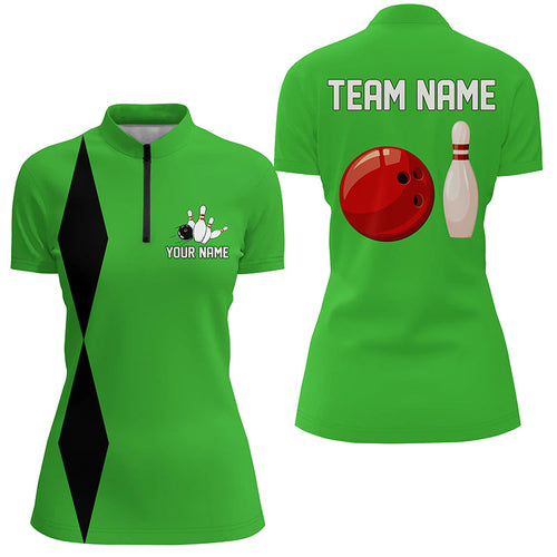 Personalized Retro Women Bowling Polo, Quarter Zip Shirts custom vintage bowling team jersey | Green NQS8002