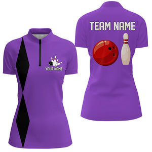 Personalized Retro Women Bowling Polo, Quarter Zip Shirts custom vintage bowling team jersey | Purple NQS8003