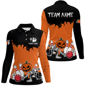 Black and Orange Funny Pumpkin Skull Bowling Shirts For Women Custom Halloween Team Bowling Jerseys NQS8656