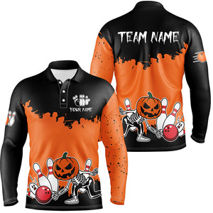 Black and Orange Funny Pumpkin Skull Bowling Shirts For Men Custom Halloween Team Bowling Jerseys NQS8656