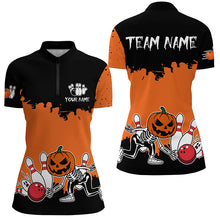 Load image into Gallery viewer, Black and Orange Funny Pumpkin Skull Bowling Shirts For Women Custom Halloween Team Bowling Jerseys NQS8656