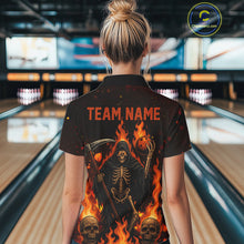 Load image into Gallery viewer, Black And Orange Flame Reaper Skull Custom Halloween Bowling Team Shirts For Women, Bowling Gifts NQS10835