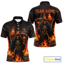 Load image into Gallery viewer, Black And Orange Flame Reaper Skull Custom Halloween Bowling Team Shirts For Men, Bowling Gifts NQS10835