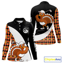 Load image into Gallery viewer, Golf Turkey Thanksgiving Women Polo Shirt Orange Pumpkin argyle pattern Custom Golf outfit For Ladies NQS10839