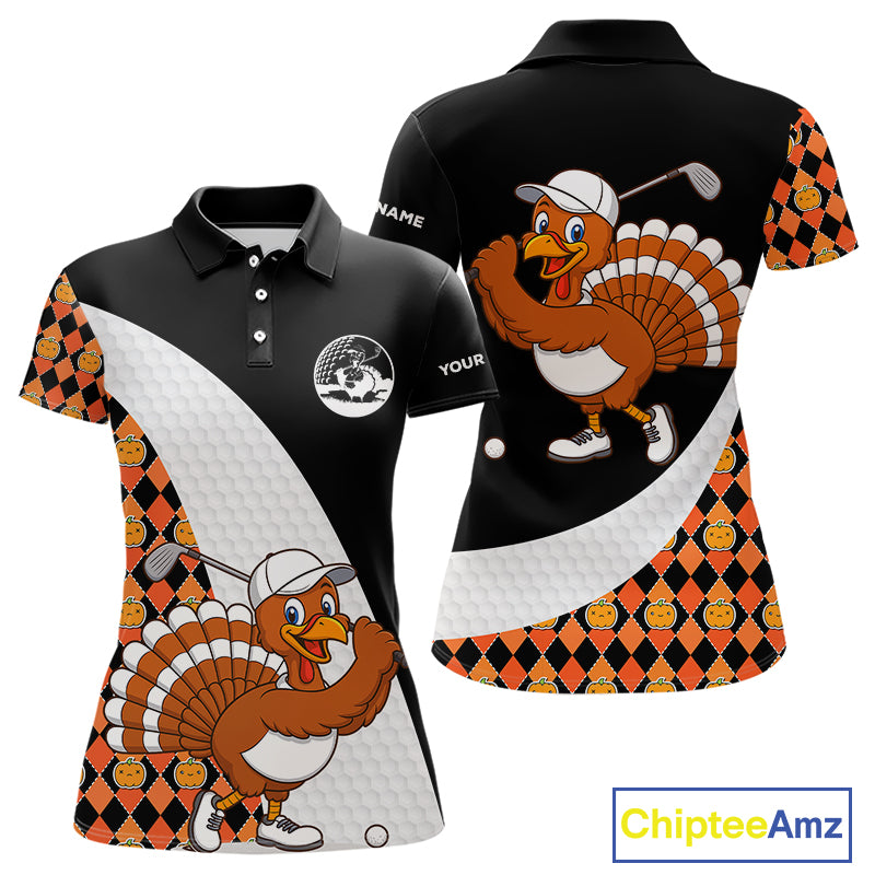 Golf Turkey Thanksgiving Women Polo Shirt Orange Pumpkin argyle pattern Custom Golf outfit For Ladies NQS10839