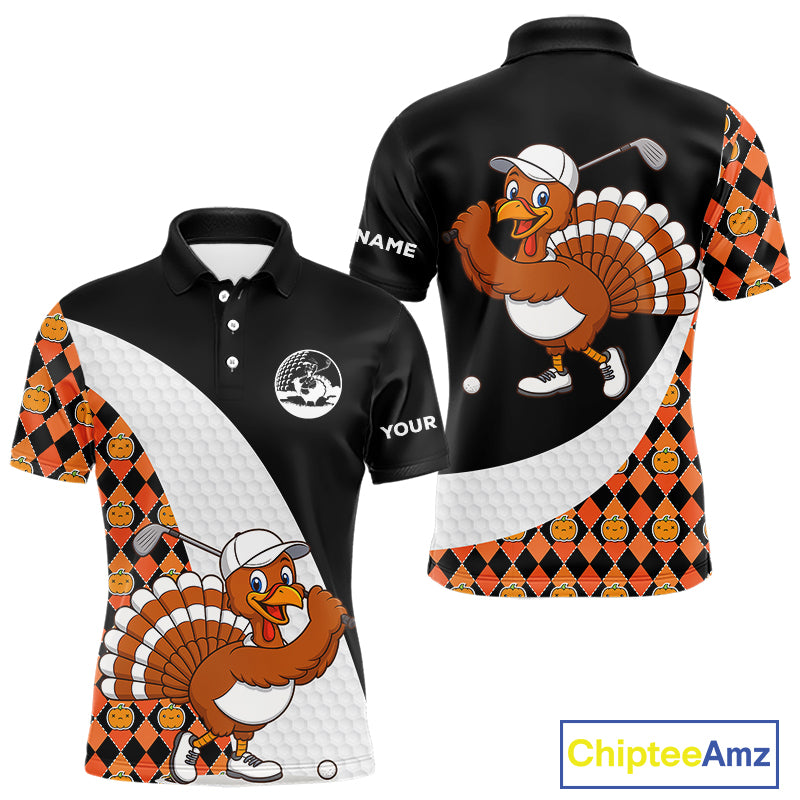 Golf Turkey Thanksgiving Mens Polo Shirt Orange Pumpkin argyle pattern Custom Golf outfit For Men NQS10839
