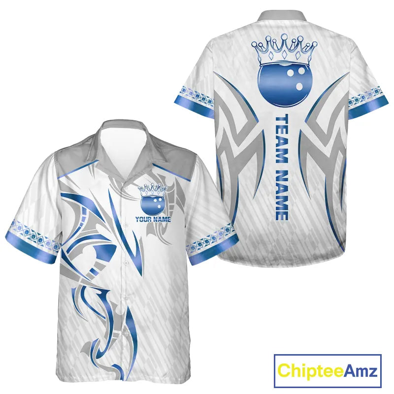 White and Blue crown Bowling ball Hawaiian Bowling Jersey Custom Bowling Team Button up shirt NQS11008