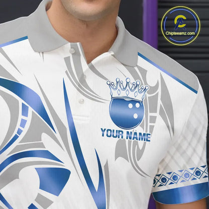 White and Blue crown Bowling ball Polo, Quarter Zip Shirts for Men Custom Bowling Team jerseys NQS11008