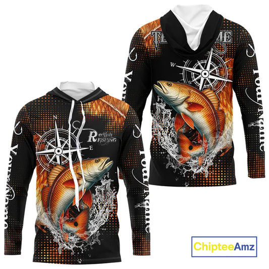 Personalized Black and Red Redfish fishing scales compass Performance long sleeve Fishing Team Shirts NQS11217