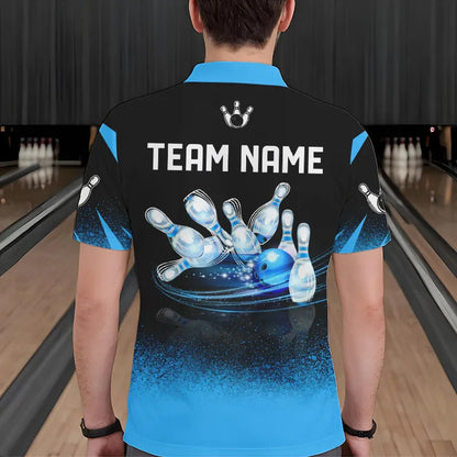 Black and Blue Flame Bowling Polo, Quarter Zip shirts for Men Custom Bowling Team League Jerseys NQS9345