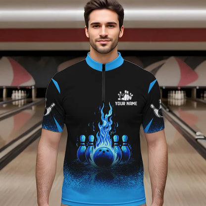 Black and Blue Flame Bowling Polo, Quarter Zip shirts for Men Custom Bowling Team League Jerseys NQS9345