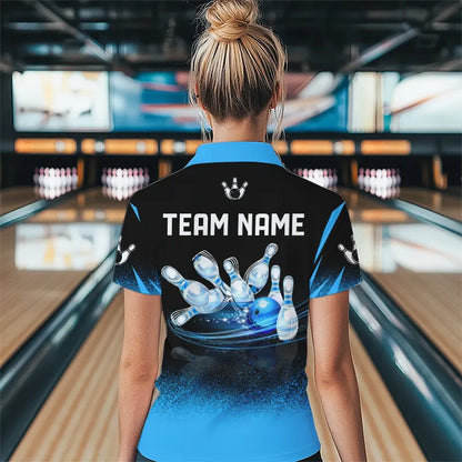 Black and Blue Flame Bowling Polo, Quarter Zip shirts for Women Custom Bowling Team League Jerseys NQS9345