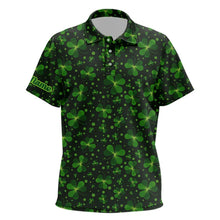 Load image into Gallery viewer, Black and Green shamrock pattern Lucky Kid polo golf shirts Custom St Patrick Day team golf apparel NQS9648