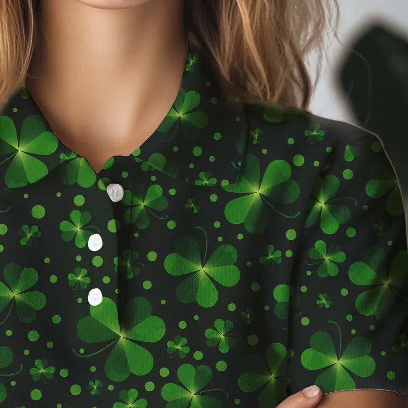 Black and Green shamrock pattern Lucky Women polo golf shirts Custom St Patrick Day team golf apparel NQS9648
