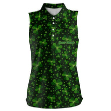 Load image into Gallery viewer, Black and Green shamrock pattern Lucky Women sleeveless polo shirt Custom St Patrick Day golf apparel NQS9648