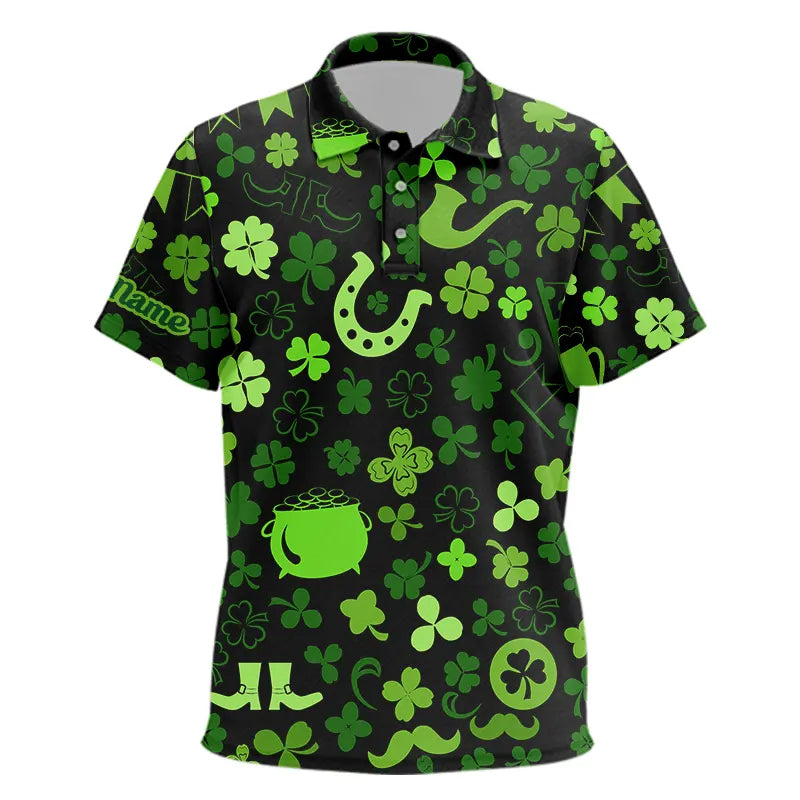 Green shamrock St Patrick Day pattern Lucky polo golf shirts for Kid Custom St Patrick golf attire NQS9649