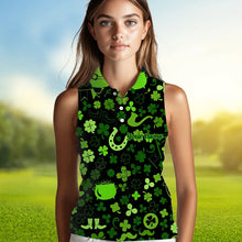 Load image into Gallery viewer, Green shamrock St Patrick Day pattern Lucky sleeveless polo golf shirts Custom St Patrick golf attire NQS9649