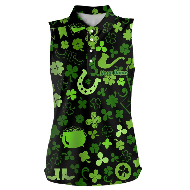 Green shamrock St Patrick Day pattern Lucky sleeveless polo golf shirts Custom St Patrick golf attire NQS9649