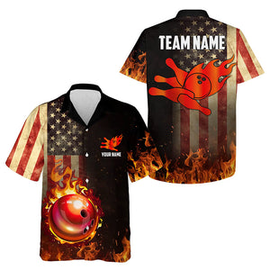 Vintage American Flag Flame Bowling Hawaiian Shirt Custom Patriotic Bowling Team Button up Shirt NQS9651