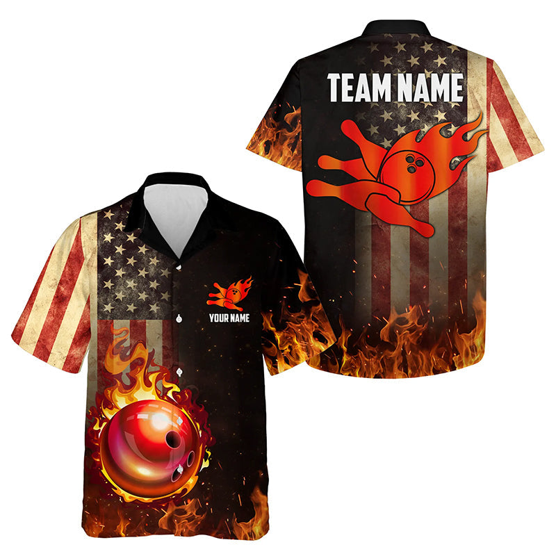 Vintage American Flag Flame Bowling Hawaiian Shirt Custom Patriotic Bowling Team Button up Shirt NQS9651