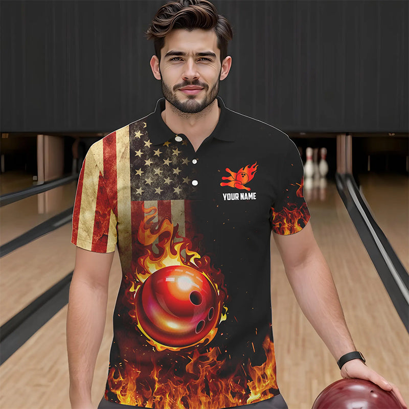 Vintage American Flag Flame Bowling Shirts For Men Custom Patriotic Mens Bowling Team Jersey NQS9651