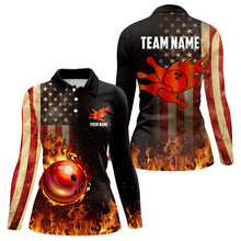 Load image into Gallery viewer, Vintage American Flag Flame Bowling Shirts For Women Custom Patriotic Ladies Bowling Team Jersey NQS9651
