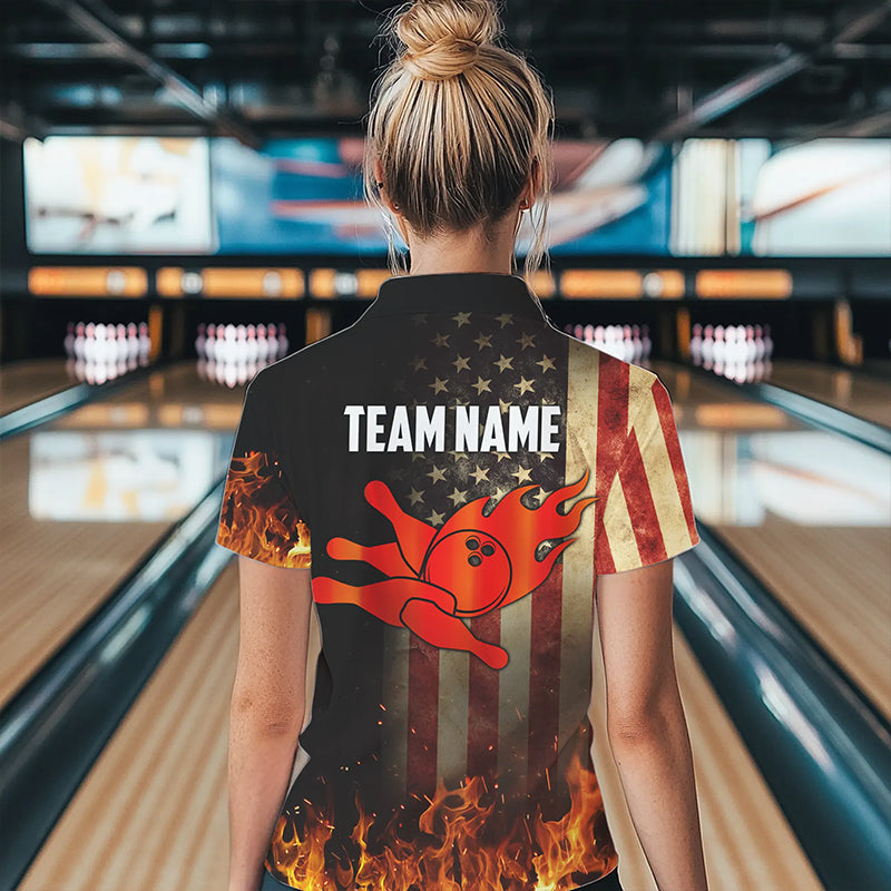 Vintage American Flag Flame Bowling Shirts For Women Custom Patriotic Ladies Bowling Team Jersey NQS9651
