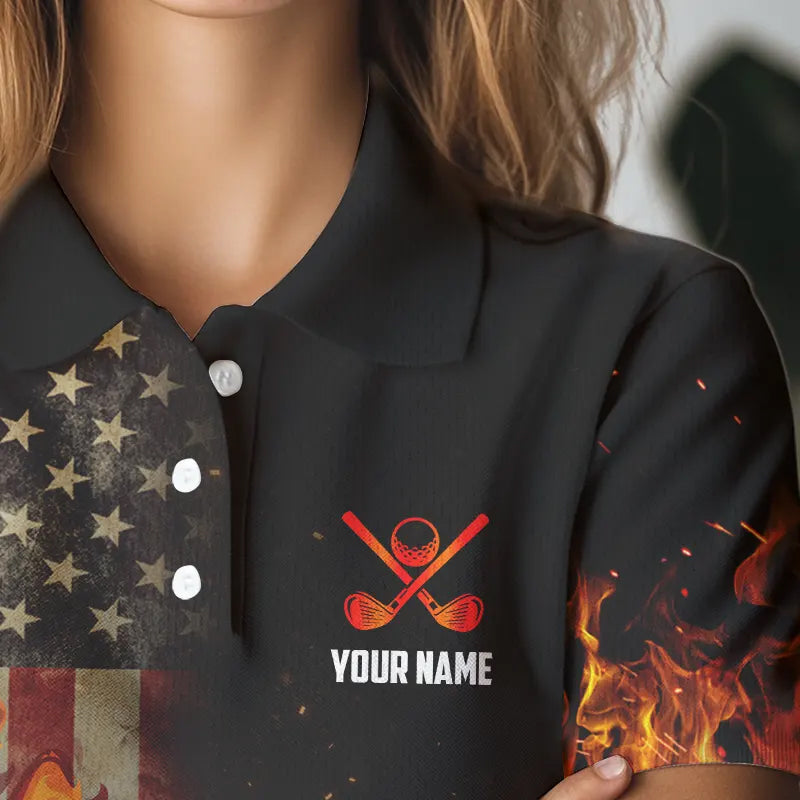 Flame Golf ball vintage American Flag Golf polo shirts for Women Custom patriotic ladies golf attire NQS9650