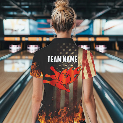 Vintage American Flag Flame Bowling Shirts For Women Custom Patriotic Ladies Bowling Team Jersey NQS9651