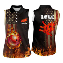 Load image into Gallery viewer, Vintage American Flag Flame Bowling Sleeveless Polo Shirt Custom Patriotic Ladies Bowling Team Jersey NQS9651