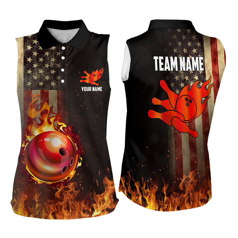 Vintage American Flag Flame Bowling Sleeveless Polo Shirt Custom Patriotic Ladies Bowling Team Jersey NQS9651