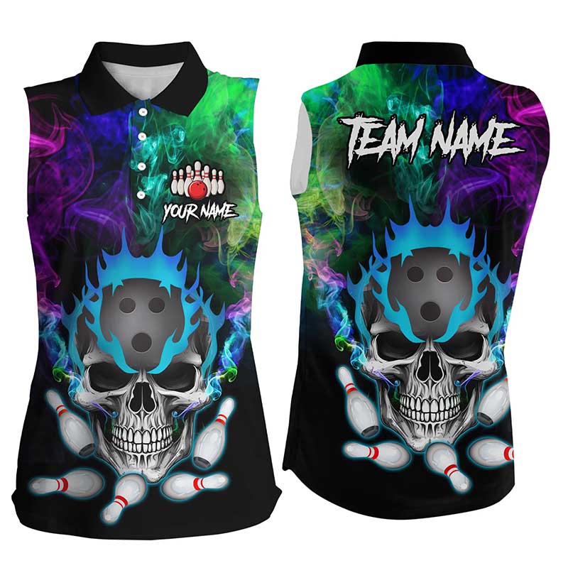 Colorful smoke Skull bowling sleeveless polo shirts for Women Custom Team bowling League jerseys NQS8015