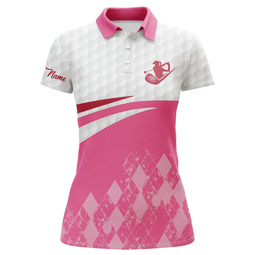 Pink argyle pattern white Womens golf polo shirts custom name golf clothes for women, golfing gifts NQS6109