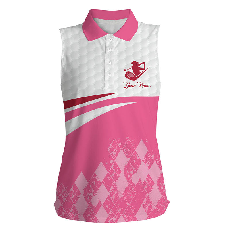 Pink argyle pattern white Womens sleeveless polo shirt custom golf clothes for women, golfing gifts NQS6109