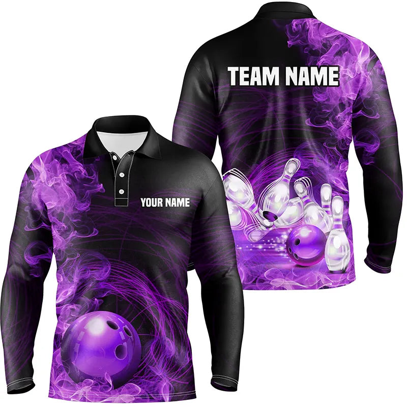 Purple Flame Fire Bowling Polo, Quarter Zip Shirt For Men Custom team bowling jersey, Gift for Bowlers NQS8662