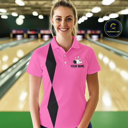 Personalized Retro Bowling Polo, Quarter Zip Shirt For Women custom vintage bowling team jersey| Pink NQS11012