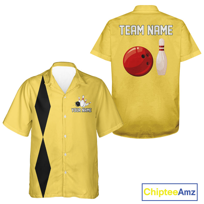 Personalized Retro Bowling Hawaiian shirts Custom vintage Team button up shirts | Yellow NQS11013