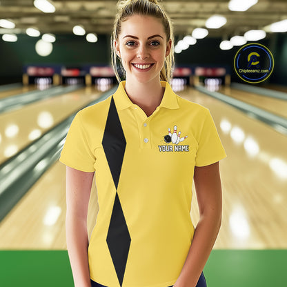 Personalized Retro Bowling Polo, 1/4 Zip Shirt For Women custom vintage bowling team jersey | Yellow NQS11013