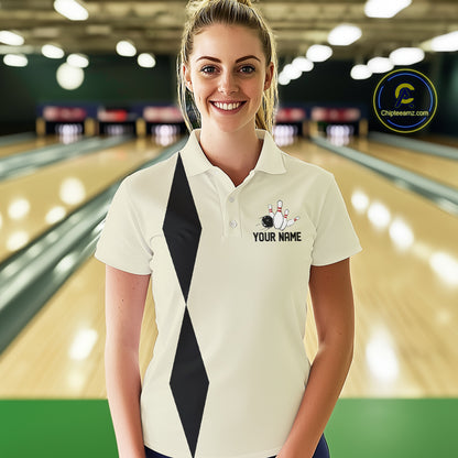 Personalized Retro Bowling Polo, 1/4 Zip Shirt For Women custom vintage bowling team jersey | Beige NQS11015